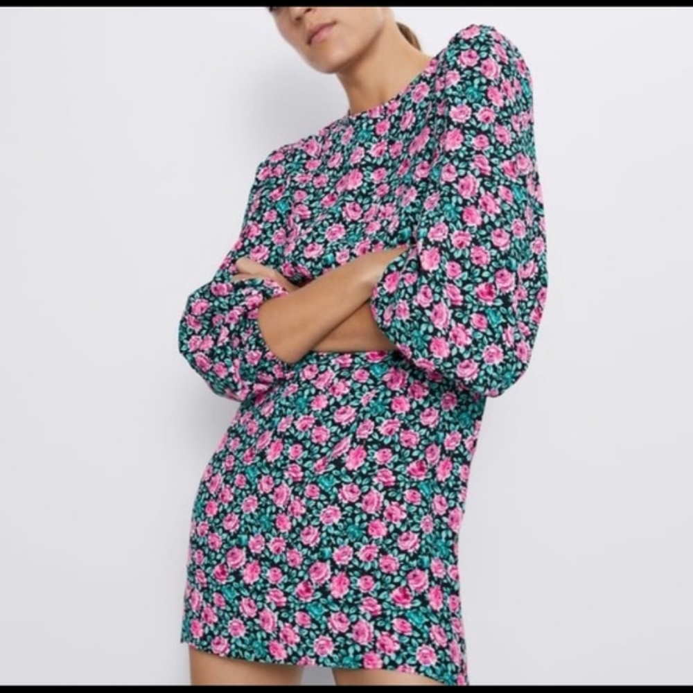 Zara Floral Puffed Sleeve Dress Small